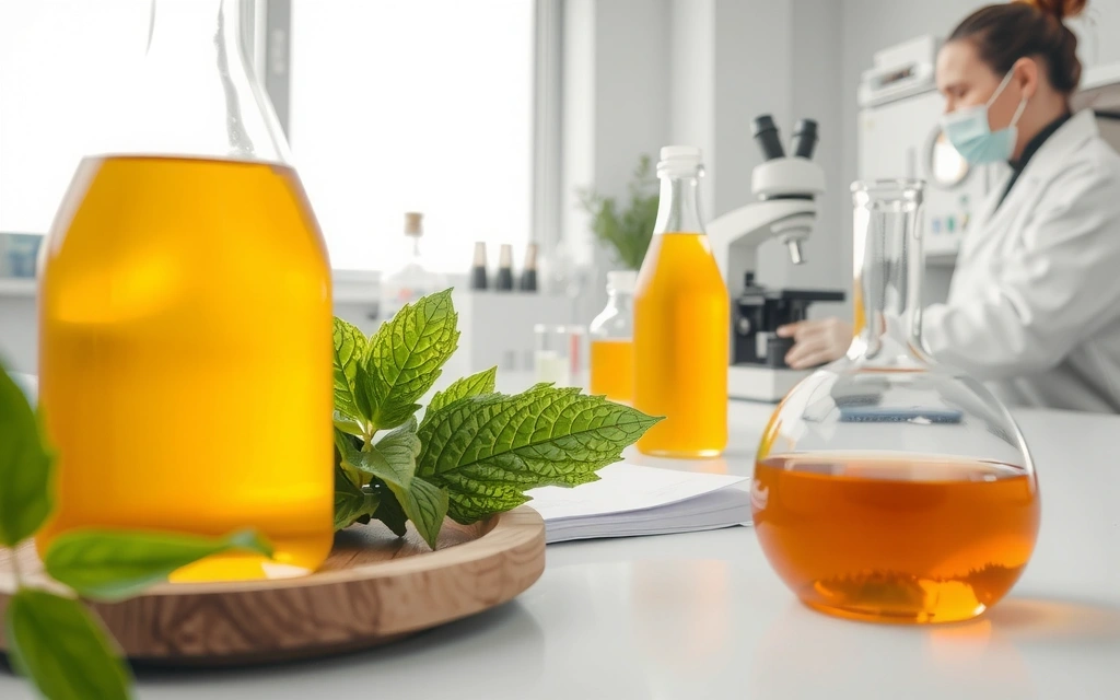 Immagine che simboleggia il controllo qualità in un laboratorio moderno, con provette, microscopi e ingredienti naturali.