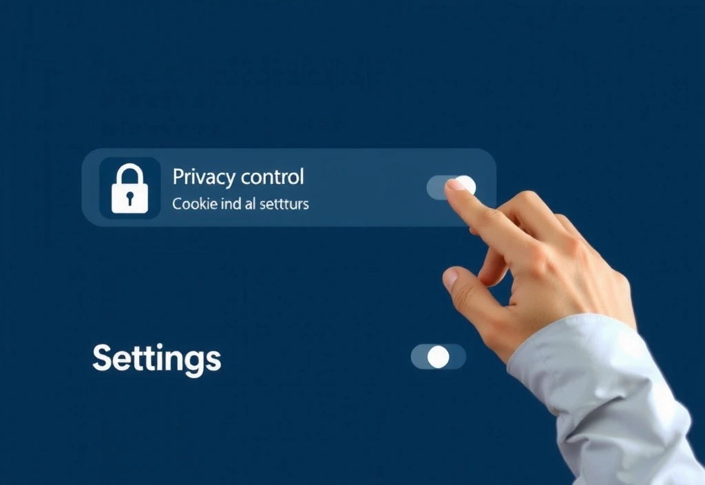 Immagine di una mano che clicca su un'opzione di controllo della privacy su uno schermo, con icone di cookie e impostazioni